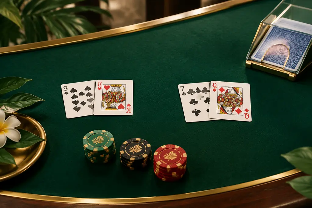 Dua tangan kartu pada meja baccarat hijau
