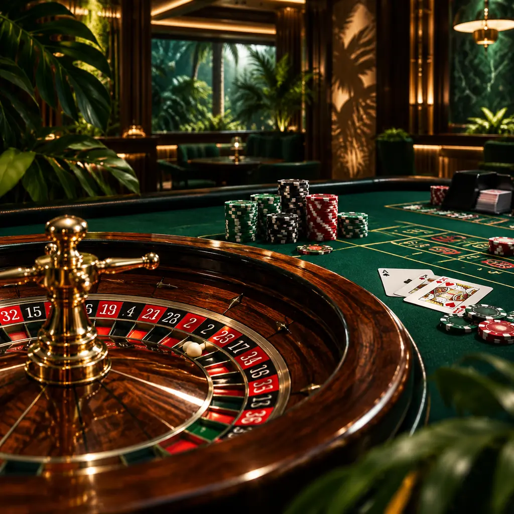 Meja roulette dan kartu dalam ruang kasino bernuansa giok