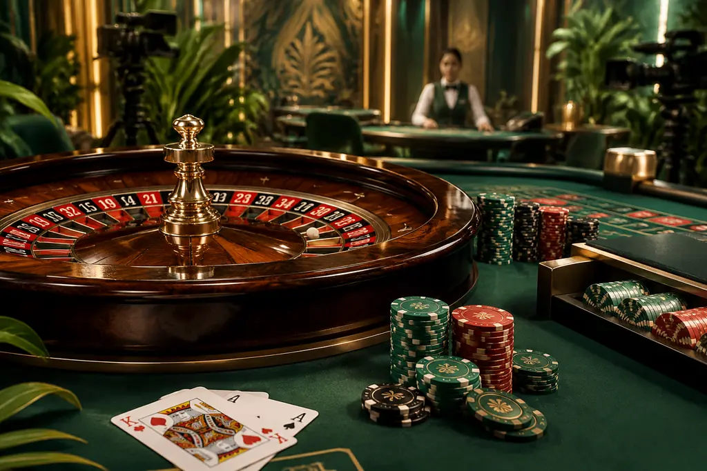Meja roulette dan kartu dengan dealer dewasa sebagai latar