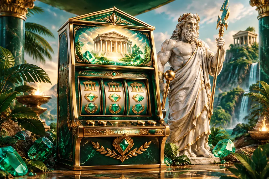 Mesin slot dengan tema kuil Yunani dan batu permata