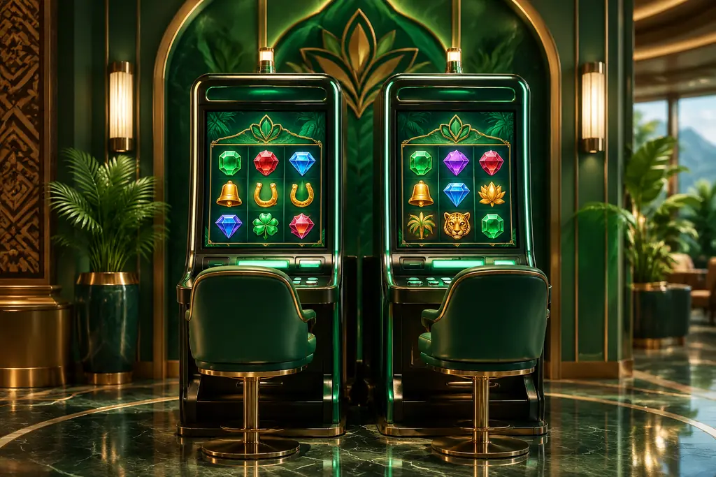 Mesin slot di ruang kasino dengan nuansa hijau